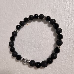 Hand Crafted Men's Black Beaded Bracelet with Silver Accents